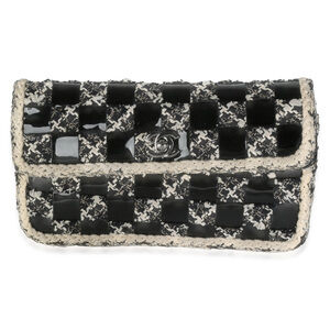 Chanel Black White Tweed Woven Patent Medium Flap Bag